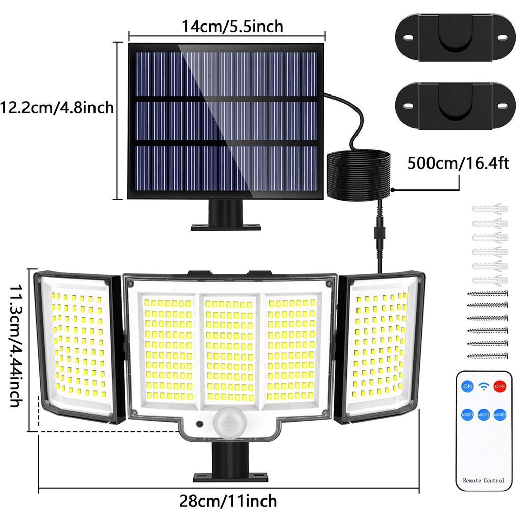 Solar Outdoor Lights 3500LM 348 LED Security Lights with Remote Control IP65 Waterproof 3 Heads Motion Sensor Lights Solar Light