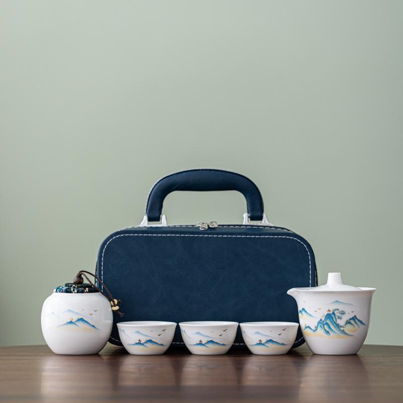 Chinese Style Portable Travel Ceramic Tea Set Household Outdoor Tea Brewing Vintage Kung Fu Teapot and Tea Cup Set Gift Box Set