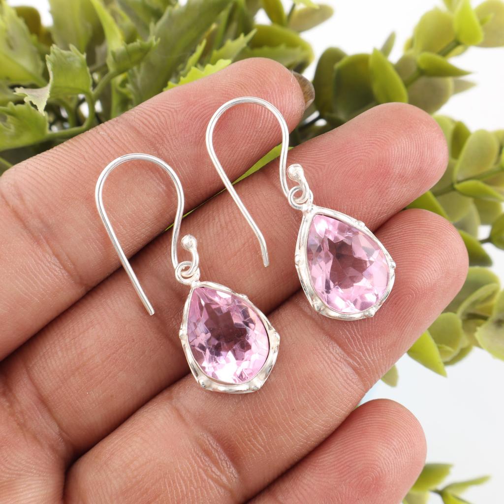 Morganite Earrings, Handmade Gemstone 925 Solid Sterling Silver Earrings Dainty Jewelry, For Engagement Gift
