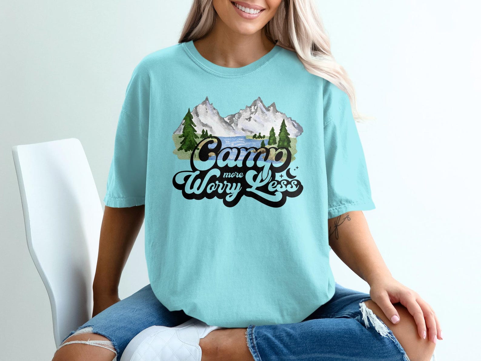 Camp More Worry Less T-Shirt, Nature Lover Camping Tee, Mountain Lake Adventure Shirt, Outdoorsy Watercolor Gift S