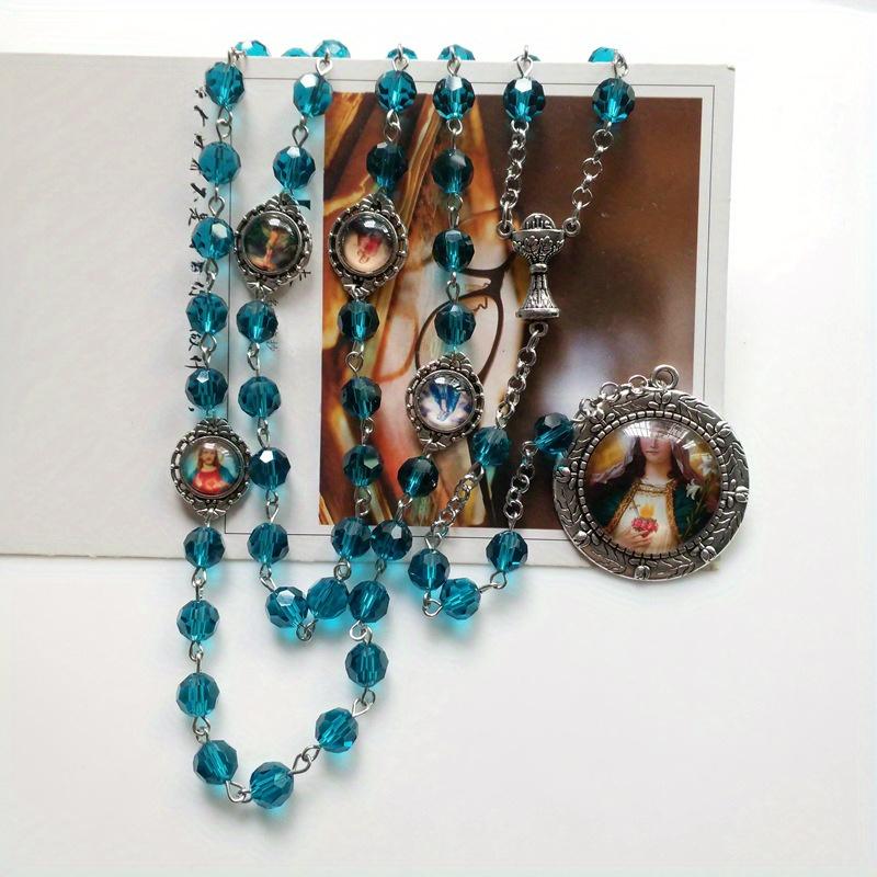 Vintage Religious Catholic Cross Rosary Necklace Beads Holy Figure Jesus Hanging Pendant Jesus Rosary Necklace Wall Decoration