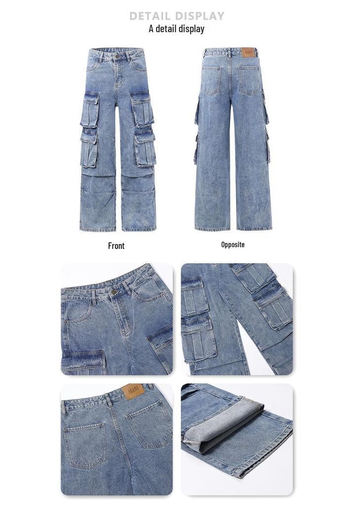Menswear Unisex Retro Wide-Leg Multi-Pocket Denim Jeans