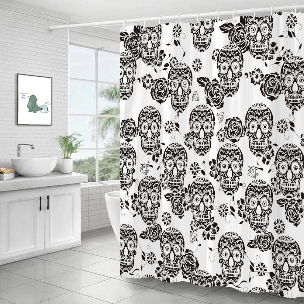 Personality Flowers And Horror Skeleton Skull Shower Curtain Polyster Fabric Home Decor Halloween Bathroom Curtain With Hooks