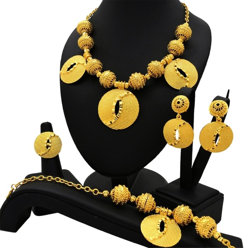 Gold Color Necklace Earring Wrist Chain and Rings Set For Bridal And Party Nigerian Weddings and Engagement Parties