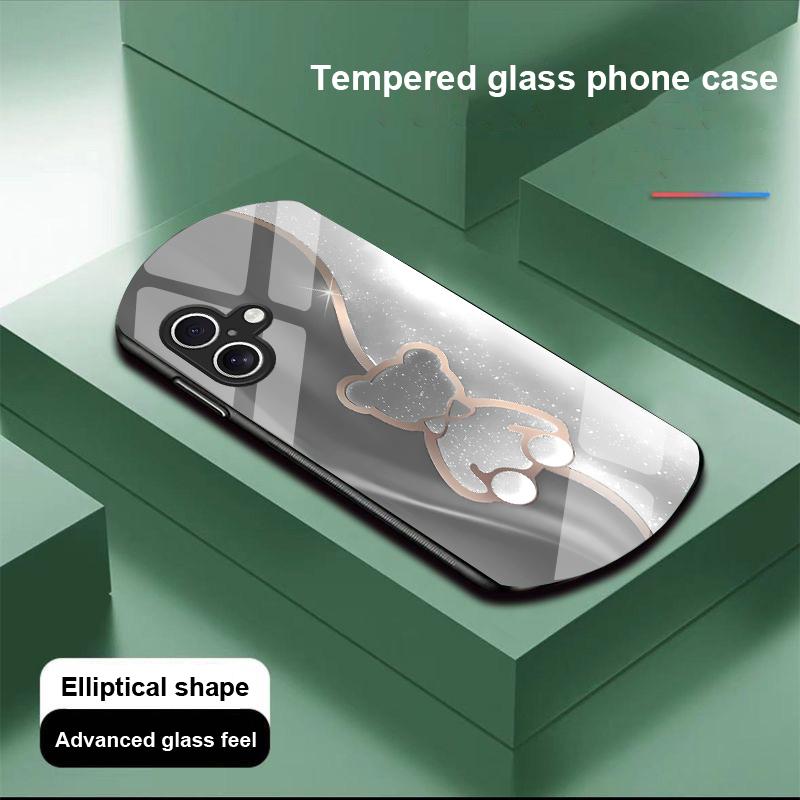 Trompe L'oeil Bear For Apple IPhone 16 11 13 15 14 Pro Max 12 Mini 7 8 Plus XR X XS Elliptical Shaped Tempered Glass Phone Case
