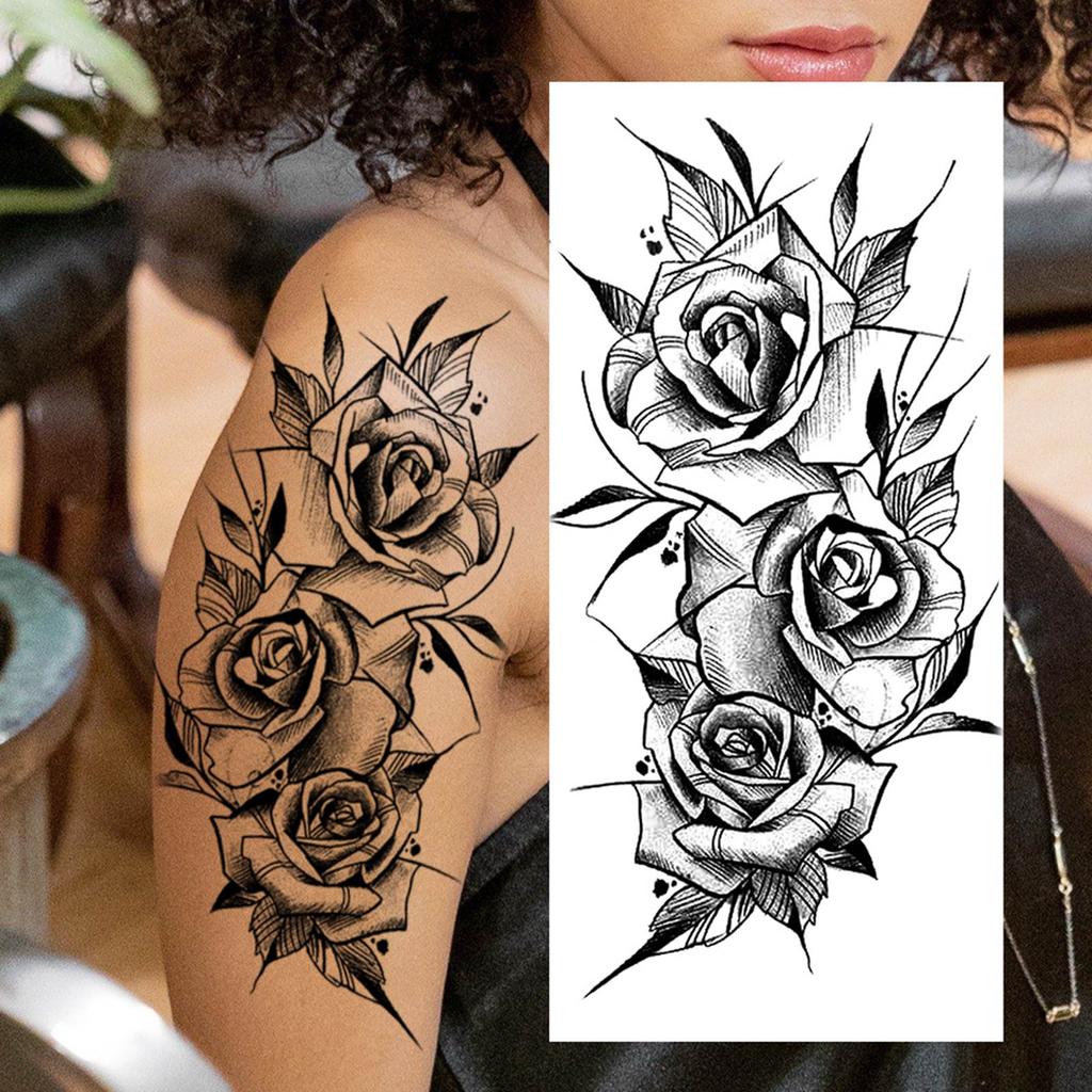 1 Sheet Black Flower Temporary Tattoos For Women Girls Realistic Fake Flora Floral Peony Tattoo Sticker Body Art Painting Decal
