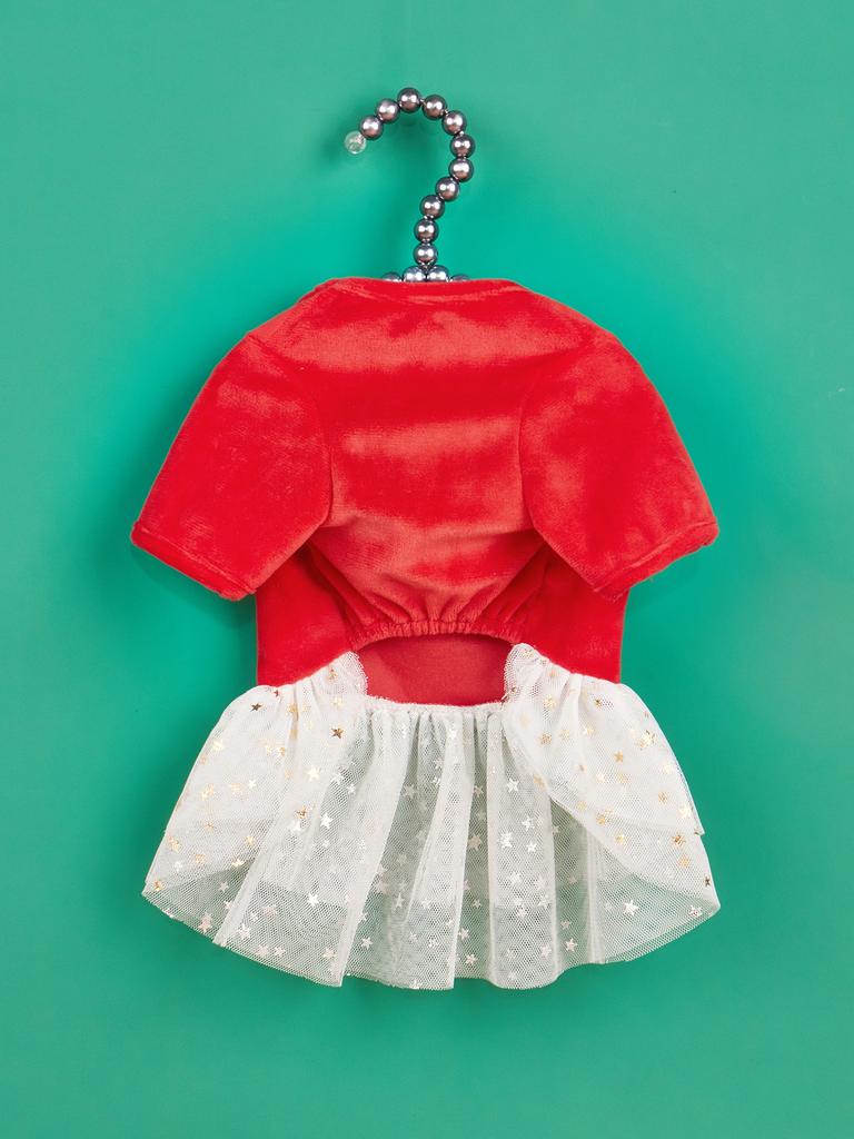 Dog Christmas Dresses Dwarf Printed Puppy Clothes with Tulle and Stars Costume Dog Xmas Party Outfit for Dog Cats for Winter H