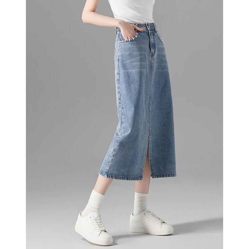 Demana Pearl Embellished Denim Midi Skirt S