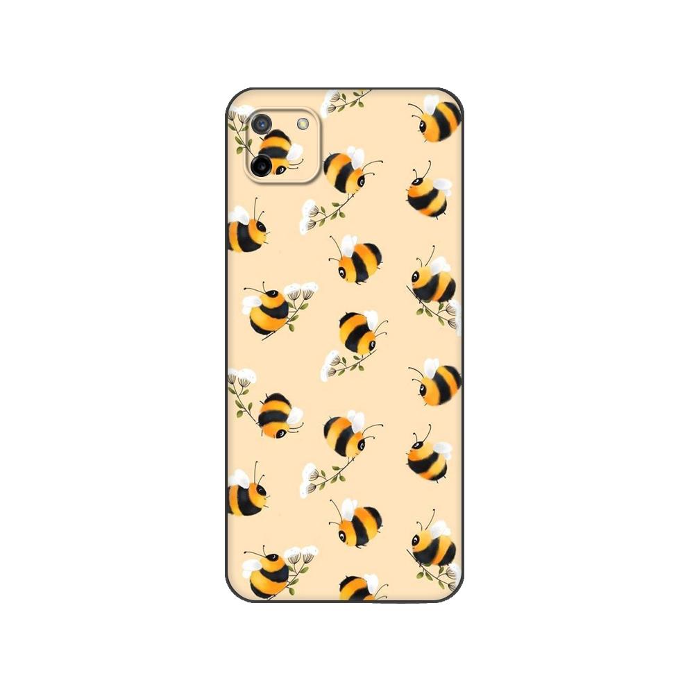 Black Tpu Case For OPPO Realme C11 Case For Realme C 11 RealmeC11 Back RMX2185 Case Cover Bee Art Print Cute Cartoon Floral