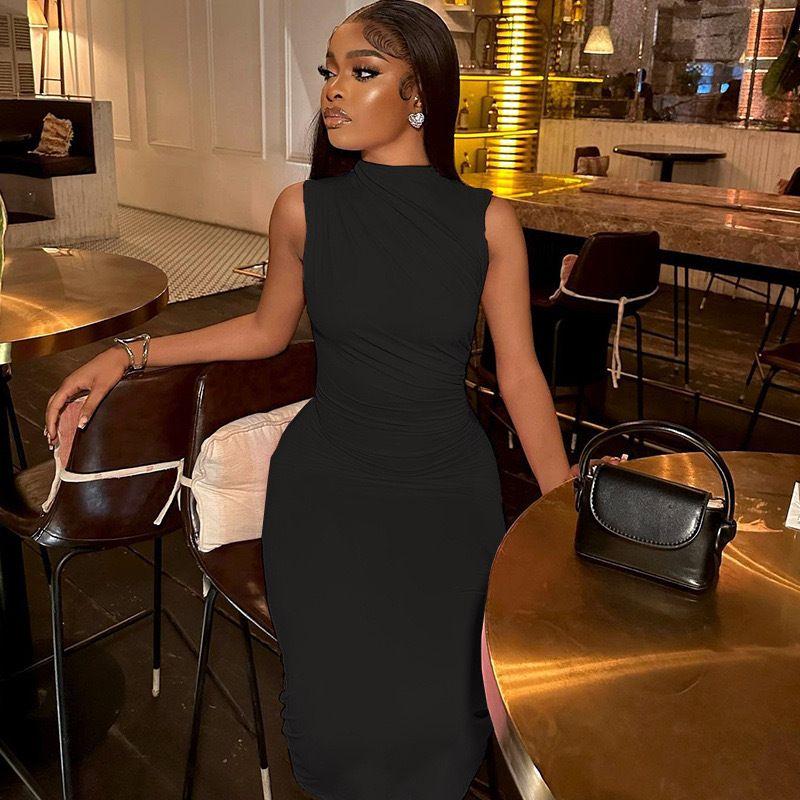 American Sexy Elegant Office Lady Skirt Pure Color Ruched Sleeveless Fashion Elegant Bodycon Slim Looking Dress
