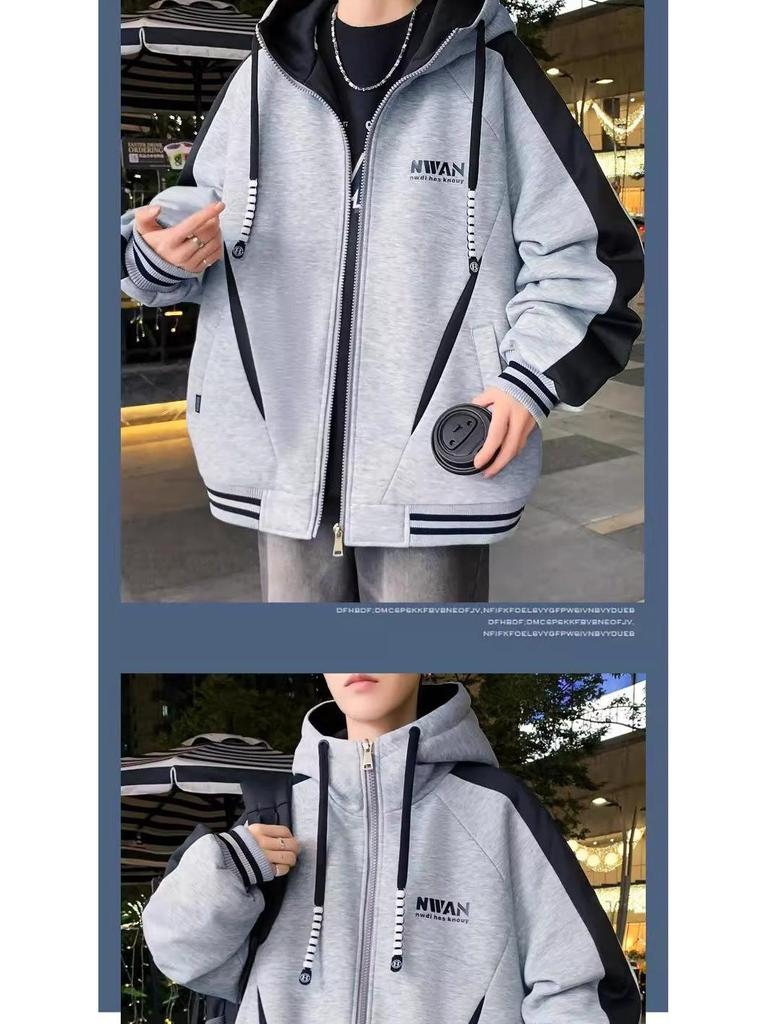 Men's Winter Fleece-Lined Hooded Baseball Jacket - Loose Fit, Plus Size Trend.