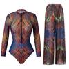 Long-sleeved Sunscreen Swimsuit Women's High Elastic Thickened Mesh Loose Trousers European and American Swimwear Fitness One-piece