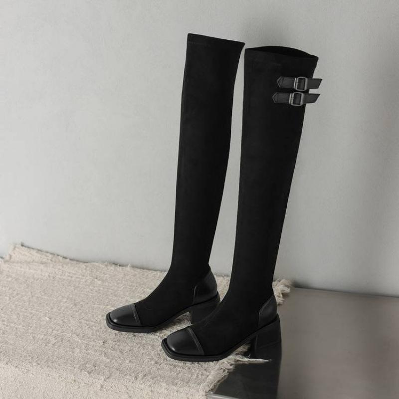 New women's elastic boots women's comfortable sleeve rubber sole middle heel square head suede over knee boots autumn and winter large size boots
