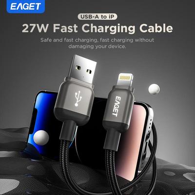 EAGET 27W Fast Charger Cable USB A To Lightning Aluminum Alloy Braided Nylon 1M for iPhone 8-14 Series Model EU506