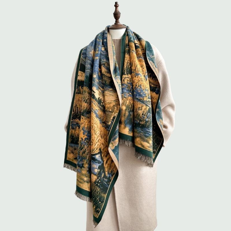Winter retro cashmere scarf female designer Monet oil painting style scarf warm and cold new shawl