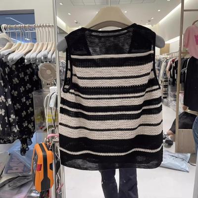 Women's Ice Silk Hollow-out Color-block Striped Knit Top Summer Middle-aged and Young Fashion Vest