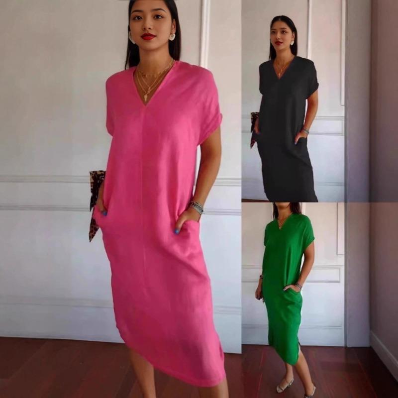 New Spring/Summer Women's V-neck Cotton-Linen Short-Sleeve Slit Loose-Fit Dress