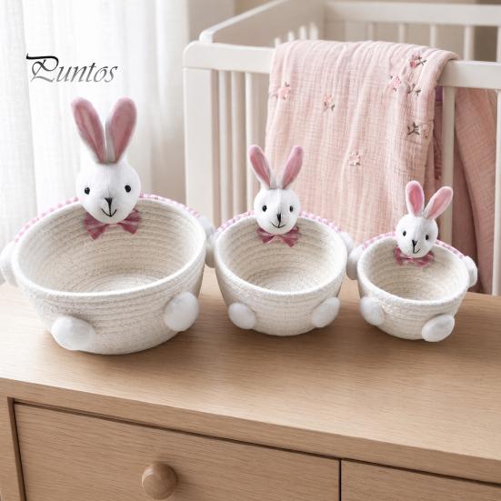 Gentle Color Storage Basket Desktop Basket, Cartoon Plush Bear And Rabbit Rope Decorative Plaid Bow Organizer Shape, Woven for Small Items Jewelry
