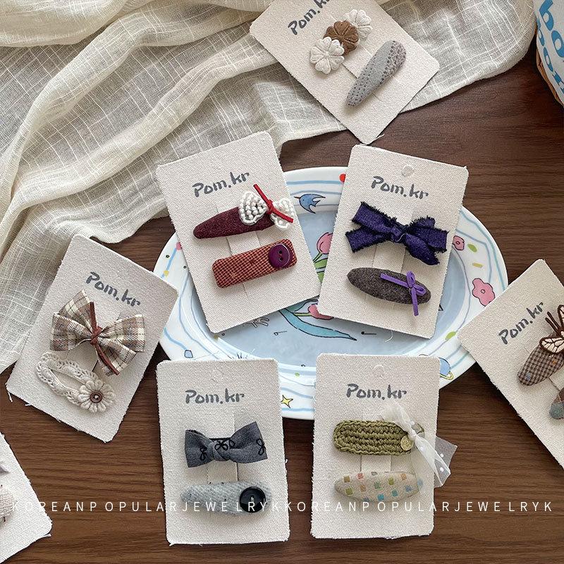 Korean Plaid Oval Hair Clip with Butterfly Bow and Lace Edge for Children