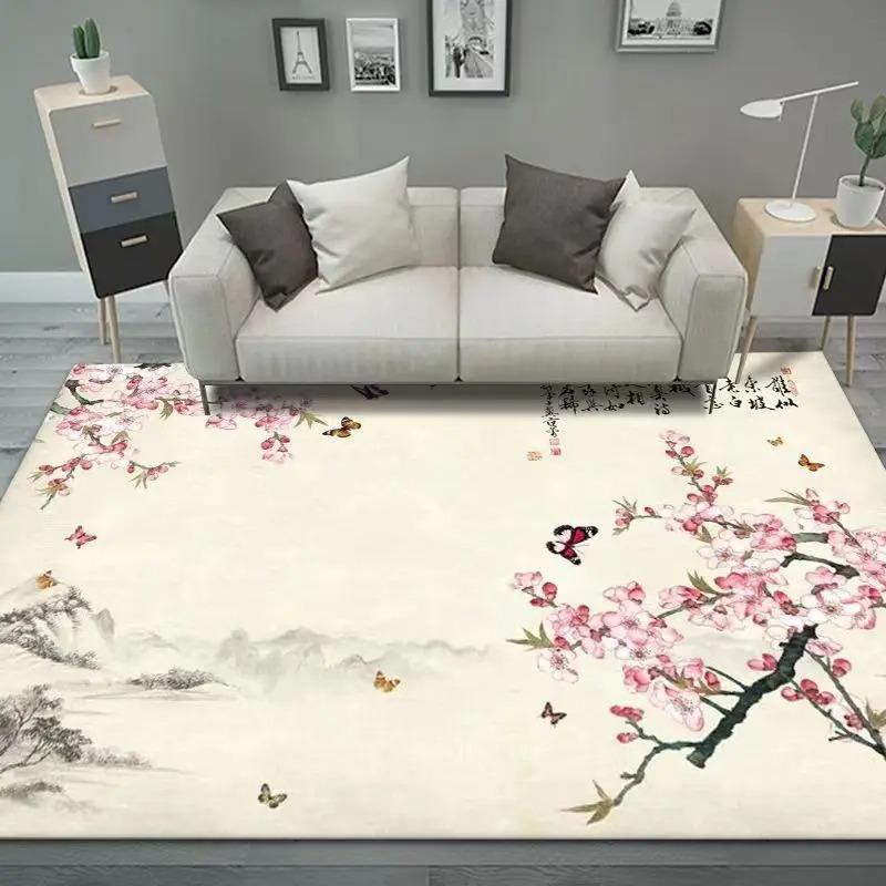 Pink Peach Blossom Ink Landscape Rug, Elegant Chinese-Style Home Decor Carpet with Poetic Mountain-Water Charm for Living Space