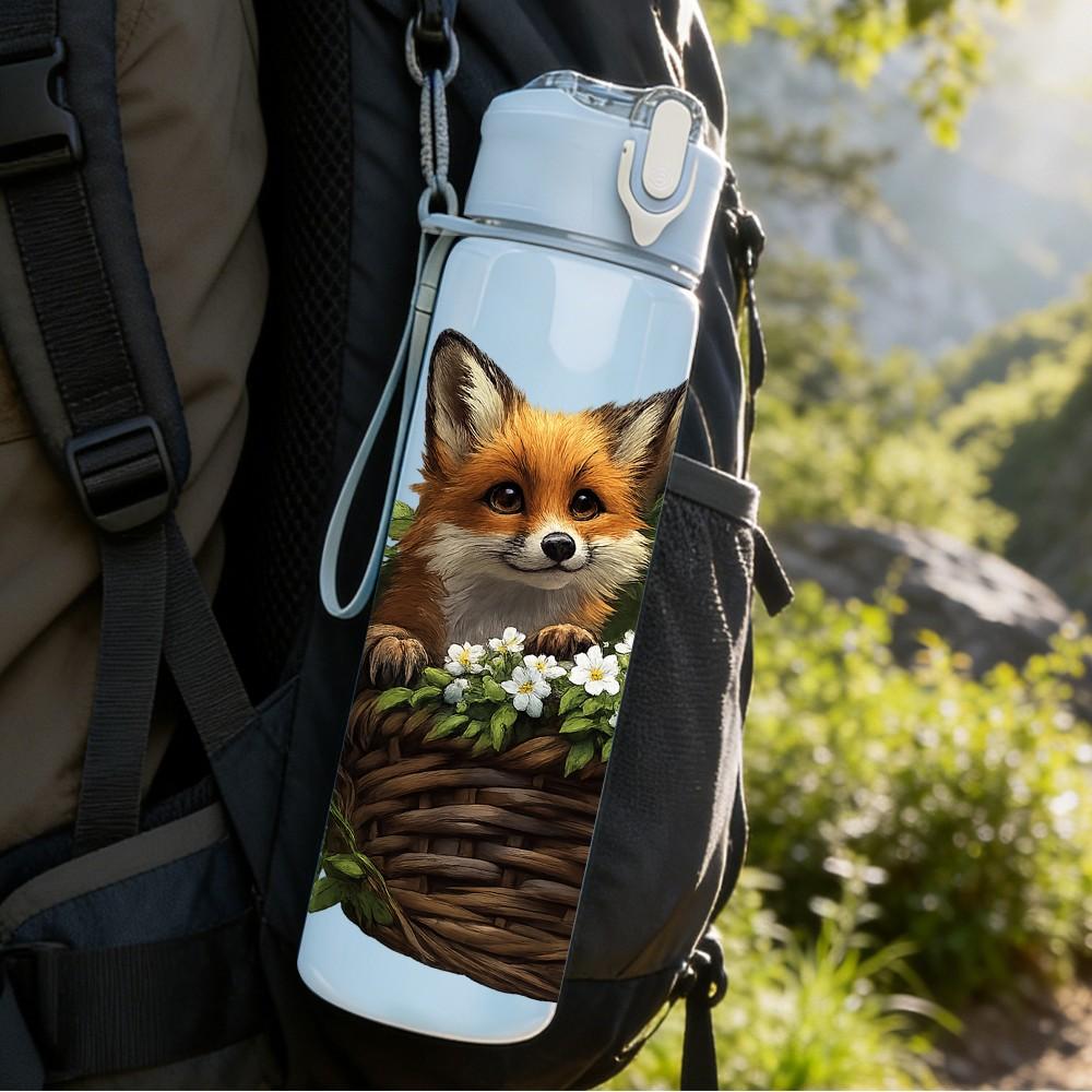 1PC Two Fox In Woven Basket Print 750ml Color Plastic Sports Water Bottle Leakproof Flip Straw Lid Suitable for Sports Office Home Use