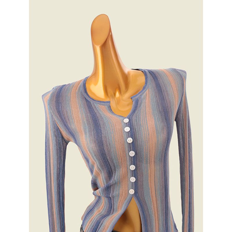 Vertical Stripes Gradient V Neck Tops Summer Thin Silm Single Row Button Women's Knitted Sweater Breathable Sun Protection Shirt