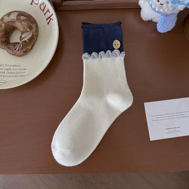 Fall/Winter Children's Socks From Fel Island, Retro Dark Blue School-style Pile Socks with Buttoned and Bow-tied Cuffs.