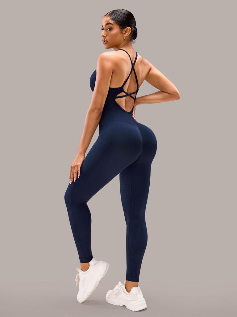 Women's Seamless Cross-Back Jumpsuit with Adjustable Straps for Fitness and Dance