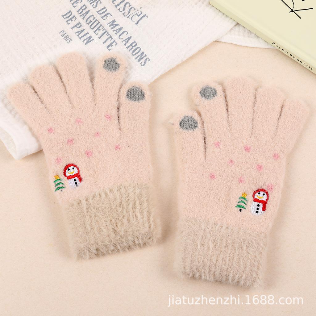 Korean Touchscreen Christmas Aesthetic Cute Snowman Embroidered Plush Gloves Women Winter Fleece Warm Gloves
