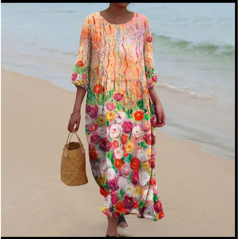 Women's Round Neck 3/4 Sleeve Midi Dress Casual Loose Solid Color Beach Vacation Long Dress