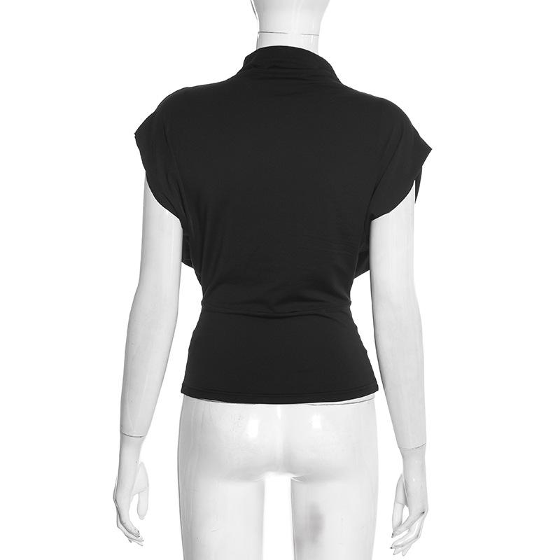 C25TP449 Women's Solid Color Sleeveless Slim Fit High Neck Draped Top