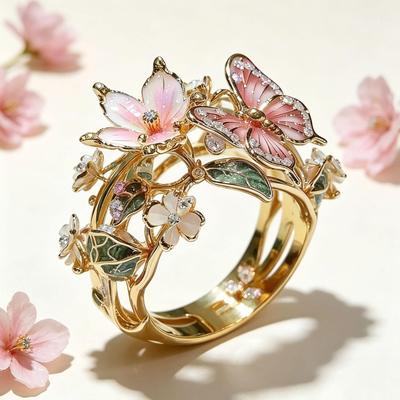 Yanbai Exquisiter Luxus Schmetterlingsblumenring - Elegantes Kupferdesign mit bunten Emaille-Details.