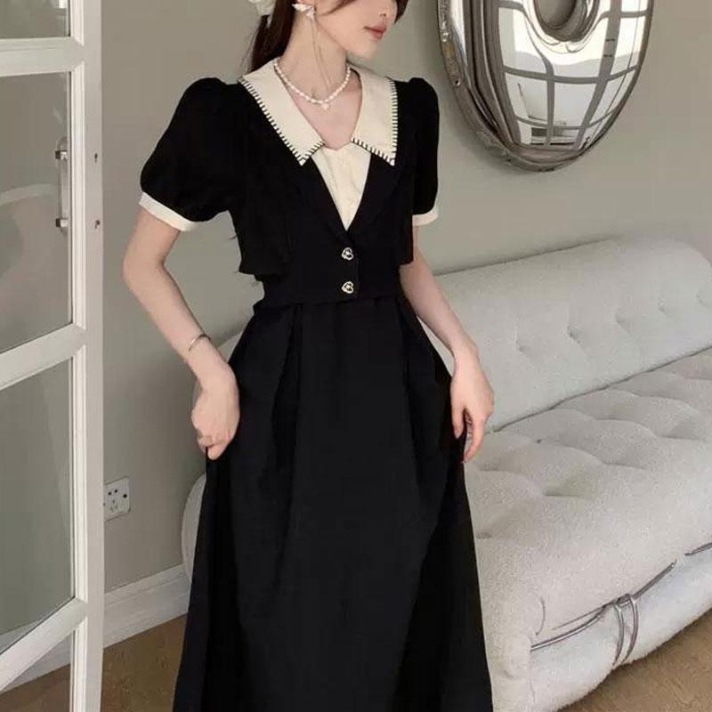 Women's Summer New Fashion Fake Two-piece Short-sleeved Dress Design Midi Skirt