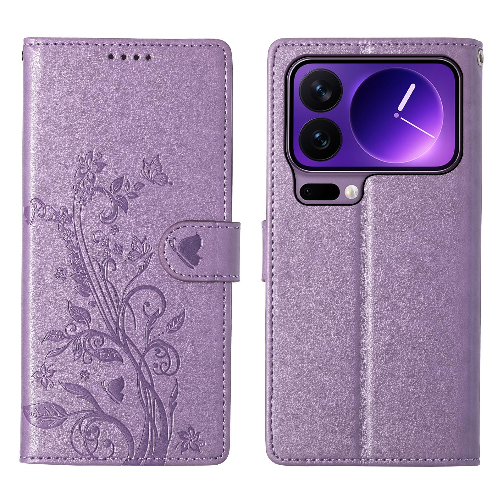 

For Xiaomi 17 Pro Wallet Case Butterfly Floral Imprint PU Leather Phone Cover with Wrist Strap