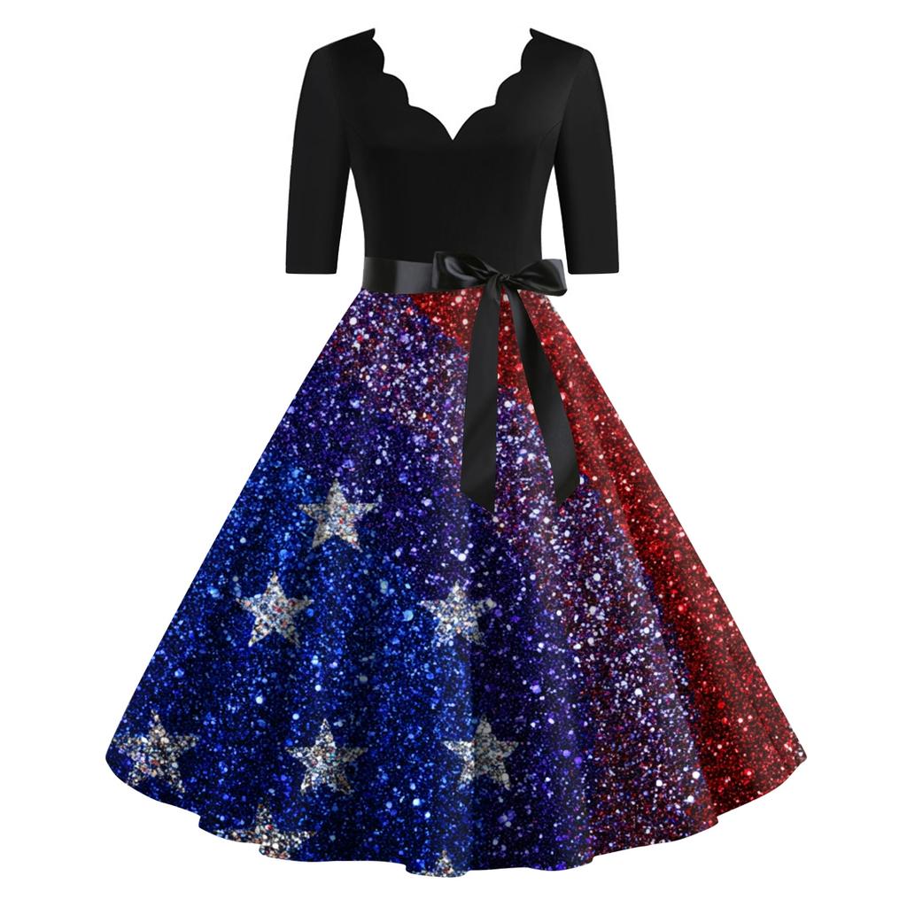 Women’s Vintage Scalloped Neckline Dress with 3/4 Sleeves and Firework Star Print Flared Skirt for Casual or Party Wear