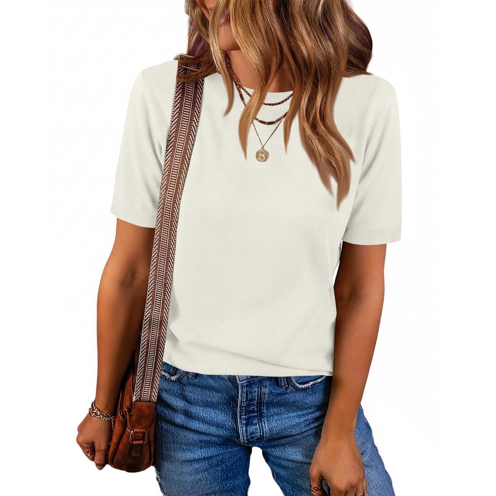 Women Pullover Sweater Wool Blend Short Sleeve Crew Neck Casual Lightweight Knitwear for Everyday Wear