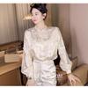 New Chinese Style Women's Short Top with  Spring High-end Feel Jacquard Long Sleeved Stand Up Collar and Elegant Shirt