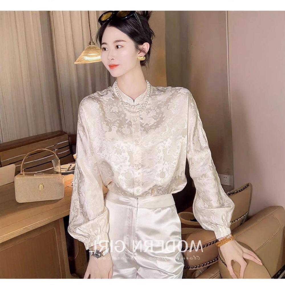New Chinese Style Women's Short Top with  Spring High-end Feel Jacquard Long Sleeved Stand Up Collar and Elegant Shirt