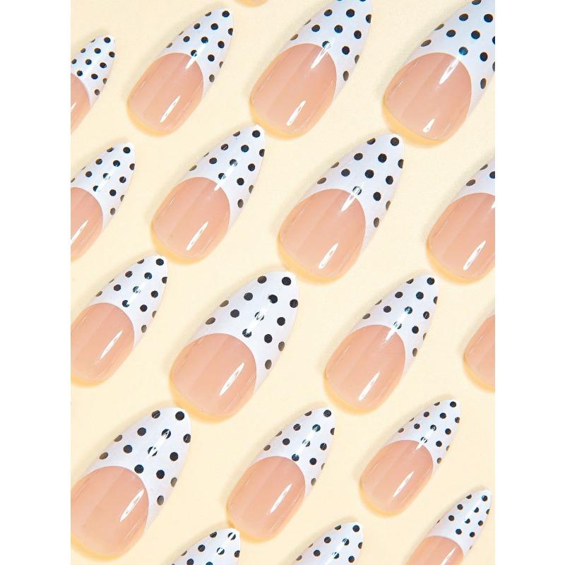 24pcs Medium Almond Shape False Nails Elegant Vintage White French-Style Press-On Nails Black White Contrasting Polka Dot Pattern Artificial Nails