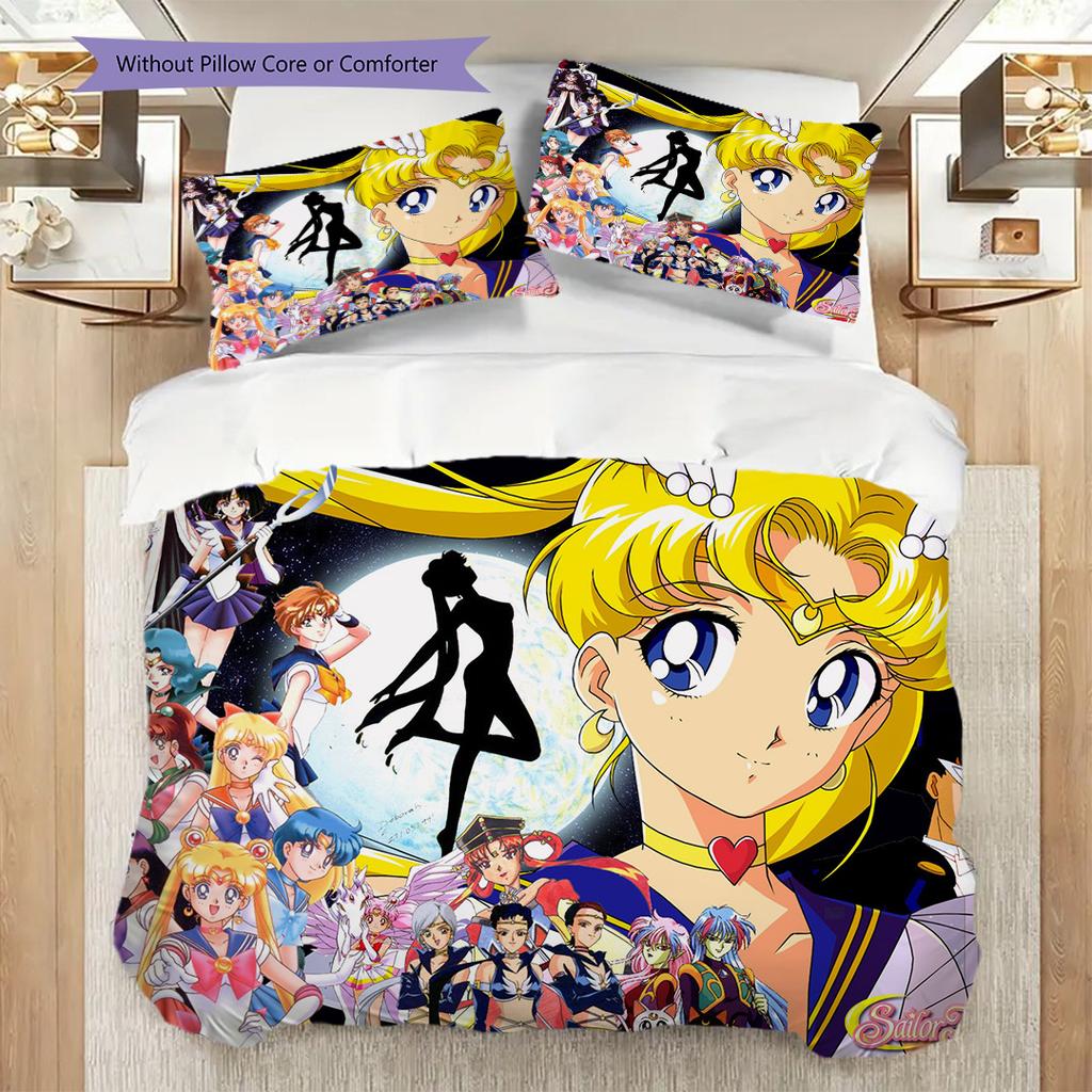 Süßes Cartoon-Thema Sailor Moon Tsukino Usagi Cartoon bequemer Heim-Bettbezug und Kissenbezug (1 * Bettbezug + 2 * Kissenbezug, ohne Füllung)A2