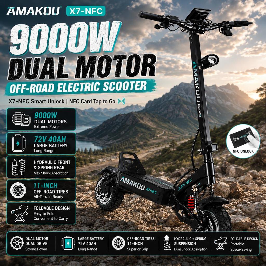 2026 X7 Elektroroller für Erwachsene, 9000W Doppelantrieb, 72V 40Ah Akku, 11" Geländereifen, Faltbares Design