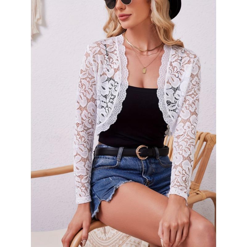 Elegant Women'S Lace Cardigan, Polyamide Blend, Geometric Pattern, Drop Shoulder Collar, Long Regular Sleeves, Short Length,
