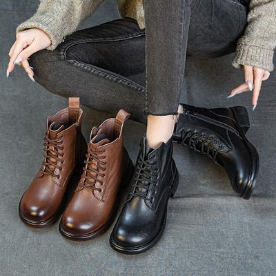 First Layer Cowhide British Style Retro Martin Boots Autumn and Winter New Velvet Thick Heel Soft Sole Versatile Comfortable Short Women's Boots