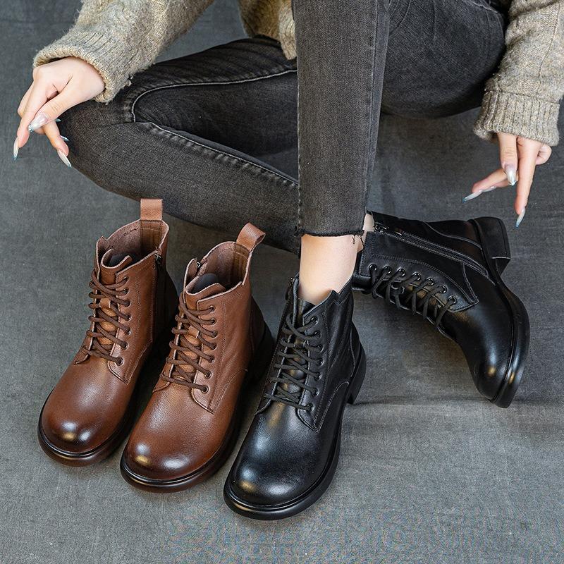 First layer cowhide British style retro Martin boots autumn and winter new velvet thick heel soft sole versatile comfortable short women's boots