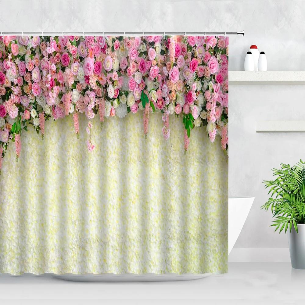 Conjunto de cortina de chuveiro floral roxo lavanda rosa rosa flores simples decoração de banheiro cortinas de poliéster pano de fundo de fotografia