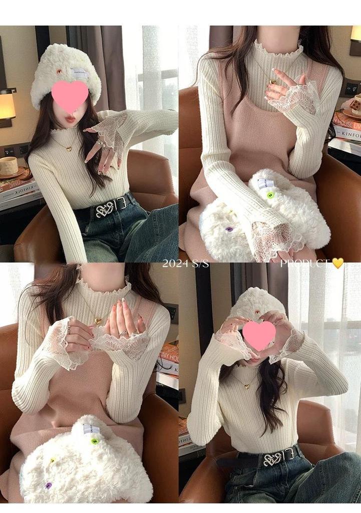 Women's 2024 Luxe Lace Knit Base Layer: White Half-High Neck Top for Spring, Autumn, Winter