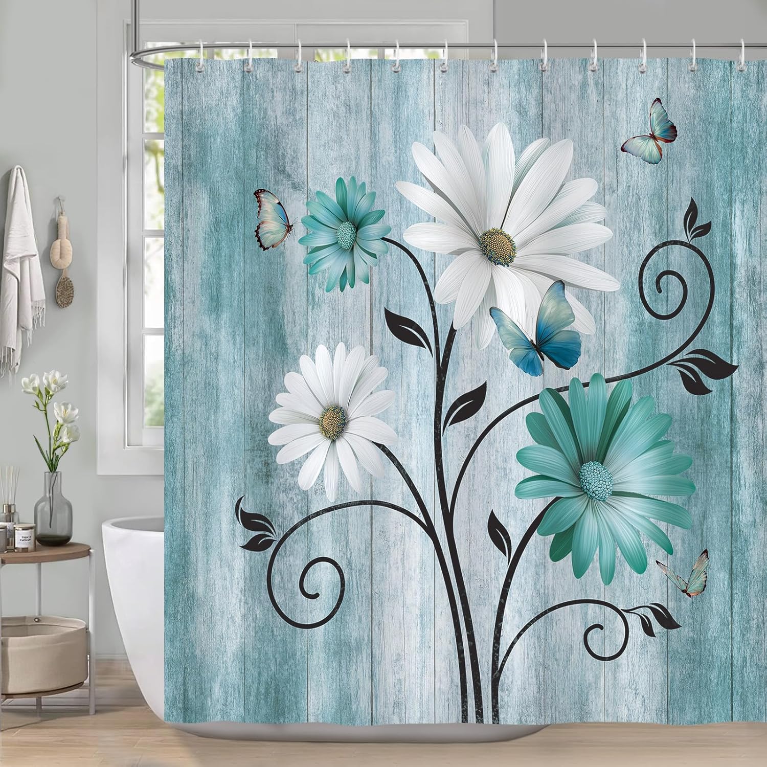 

Rustic Floral Shower Curtain - Teal White Daisy Butterfly Farmhouse Decor - Washable Fabric Curtain - Wooden Texture Bathroom W60H190(CM)-1 Pcs