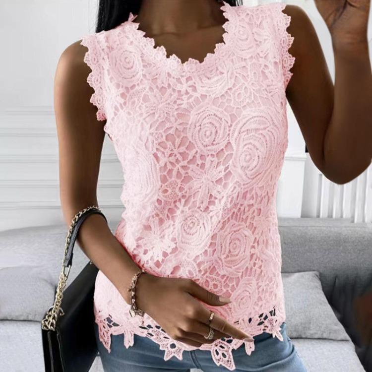 Lace Splicing Sleeveless Tops for Women Solid Color Round Neck Blouse