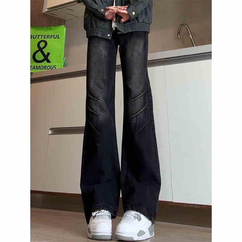 Black pleated scimitar jeans men's American high street vibe pants washed retro slim straight micro-pull pants