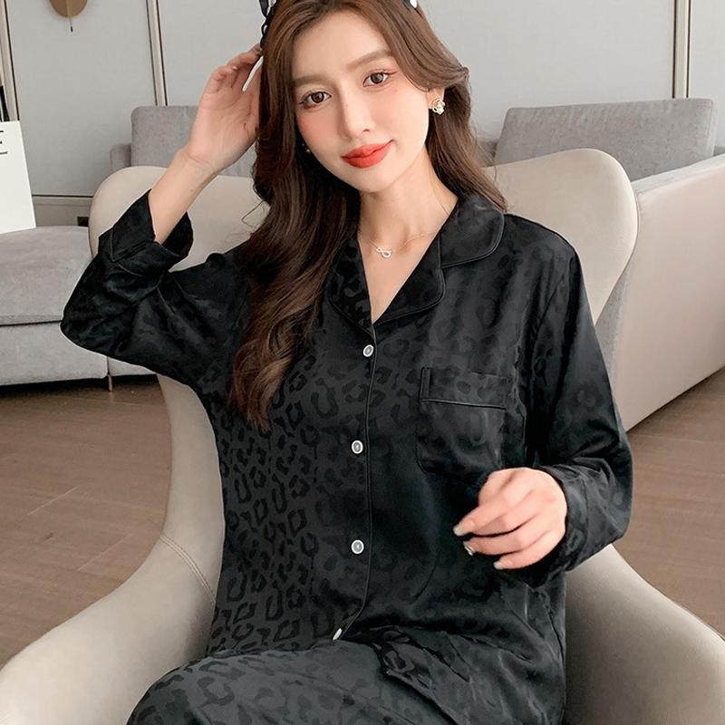 Women's New Spring and Fall Pajamas Homewear Suit Female Thin Temperament Korean Version of the Black Leopard Print Homewear